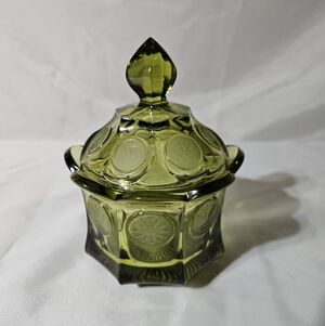 Vintage Fostoria Olive Green Coin Glass Covered Dish